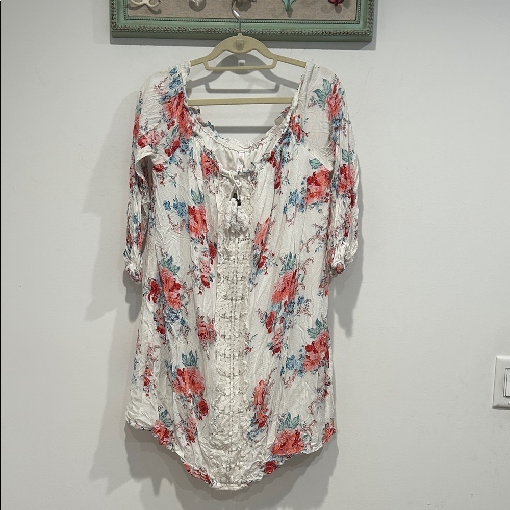 Xhilaration Floral Women's XL off the shoulder romantic White and Red dress mini